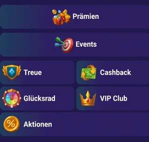 LiraSpin Belohnungsmenü mit Treue-, Cashback- und VIP-Club-Optionen